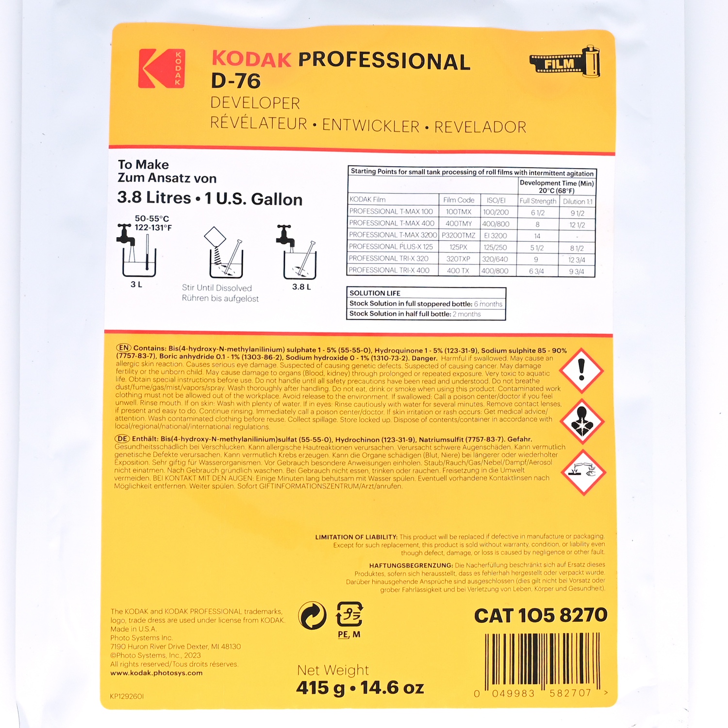 白黒フィルム粉末現像剤　KODAK　D76　1ガロン(約3.8リットル)　1袋